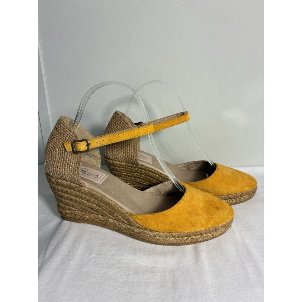 Gaimo Wedge Sandal Sz 9 Yellow Suede Espadrille Handmade In Spain Round toe Rope